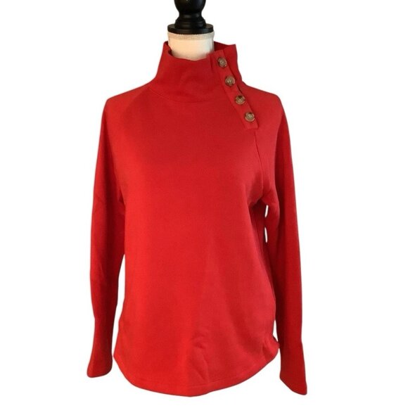 J Crew Fleece Sweater Red Long Sleeve Mock Neck Side Buttons Womens Small - Picture 1 of 10